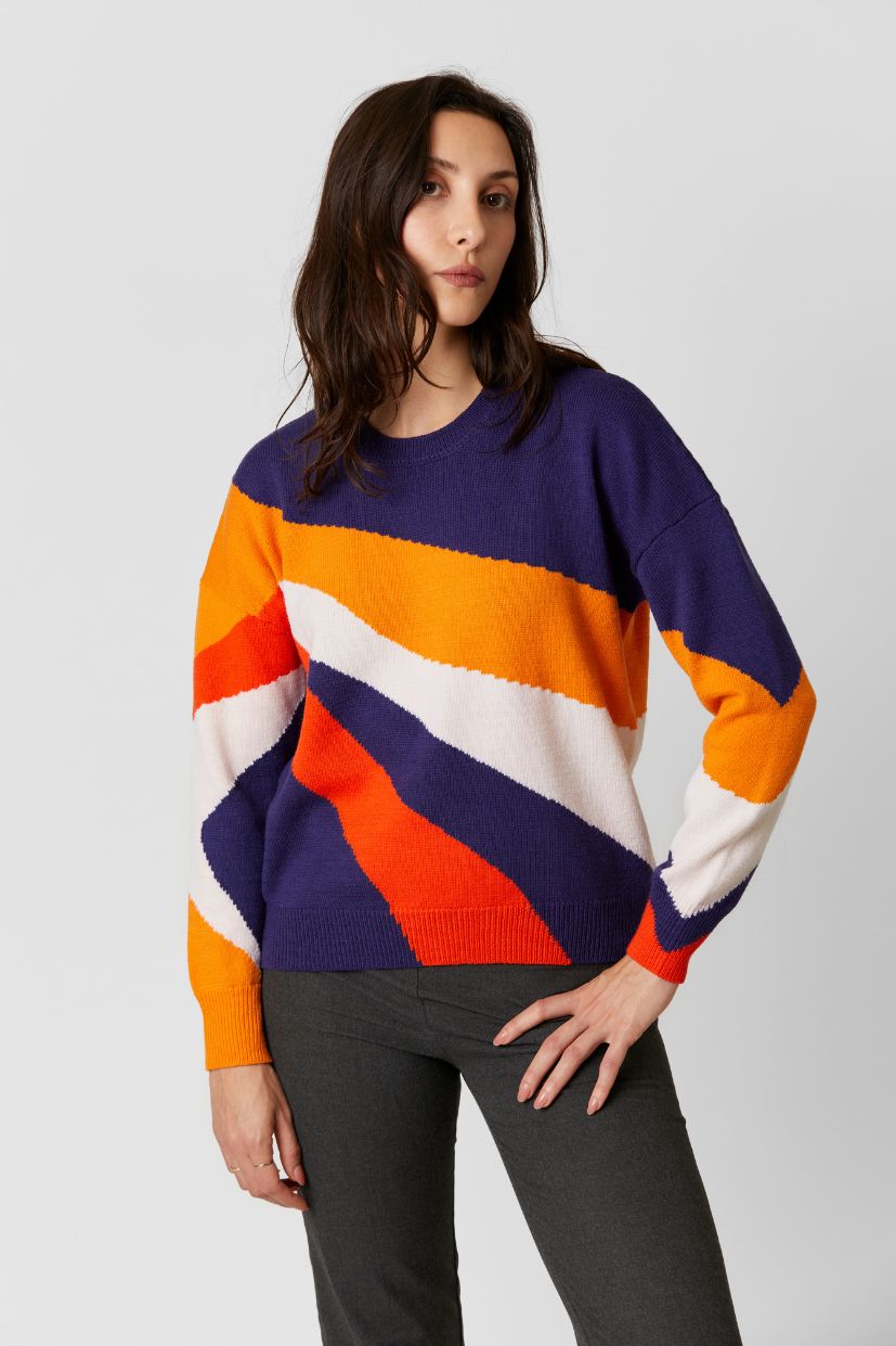 Pull multicolore femme laine 100% mérinos 4 couleurs rouge orange bleu marine blanc à col rond tricoté en intarsia