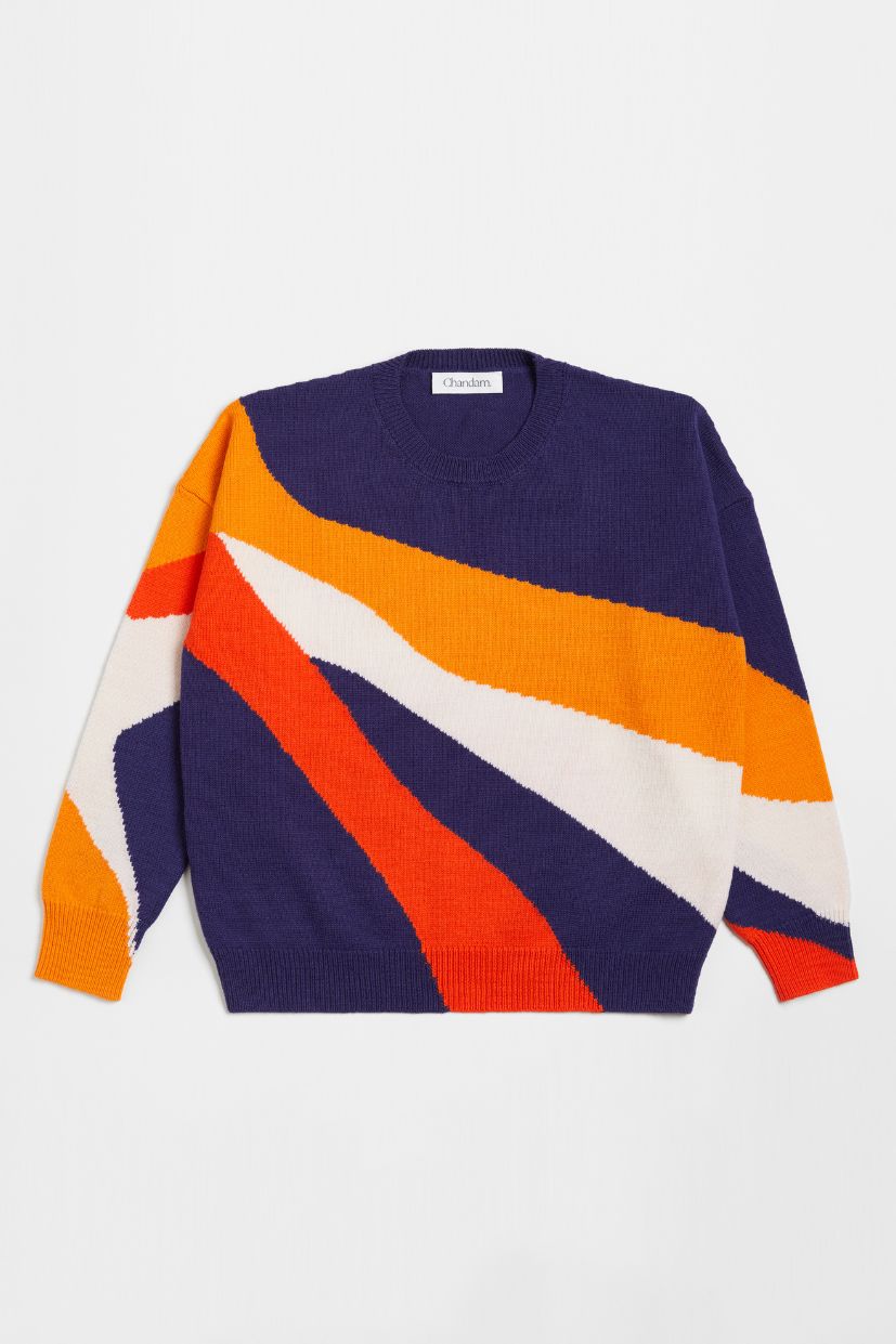 Pull multicolore femme laine 100% mérinos 4 couleurs rouge orange bleu marine blanc à col rond tricoté en intarsia