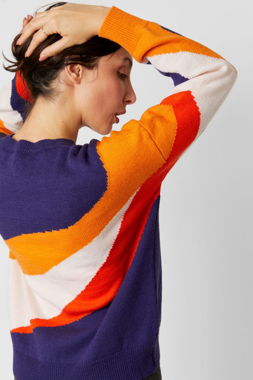 Pull multicolore femme laine 100% mérinos 4 couleurs rouge orange bleu marine blanc à col rond tricoté en intarsia