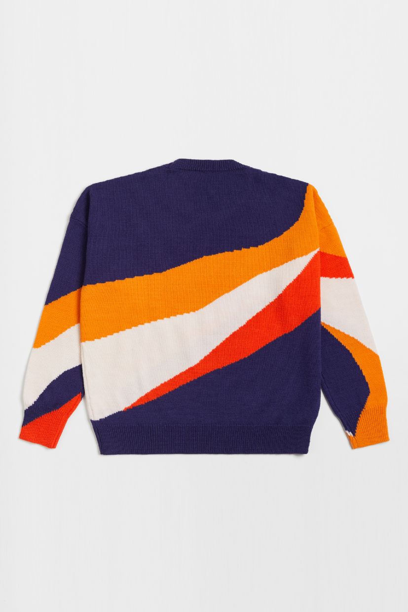 Pull multicolore femme laine 100% mérinos 4 couleurs rouge orange bleu marine blanc à col rond tricoté en intarsia