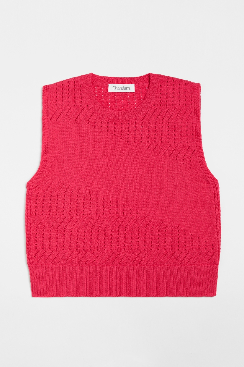 Pull rose en laine 100% mérinos d'Arles française. Pull sans manche. Mailles ajourée. Framboise