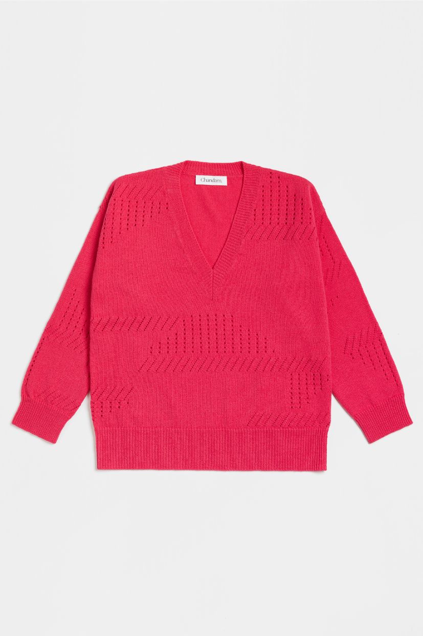 Col V femme rose framboise 100% laine mérinos d'Arles. Maille ajourée.