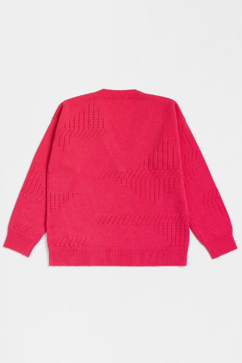 Col V femme rose framboise 100% laine mérinos d'Arles. Maille ajourée.