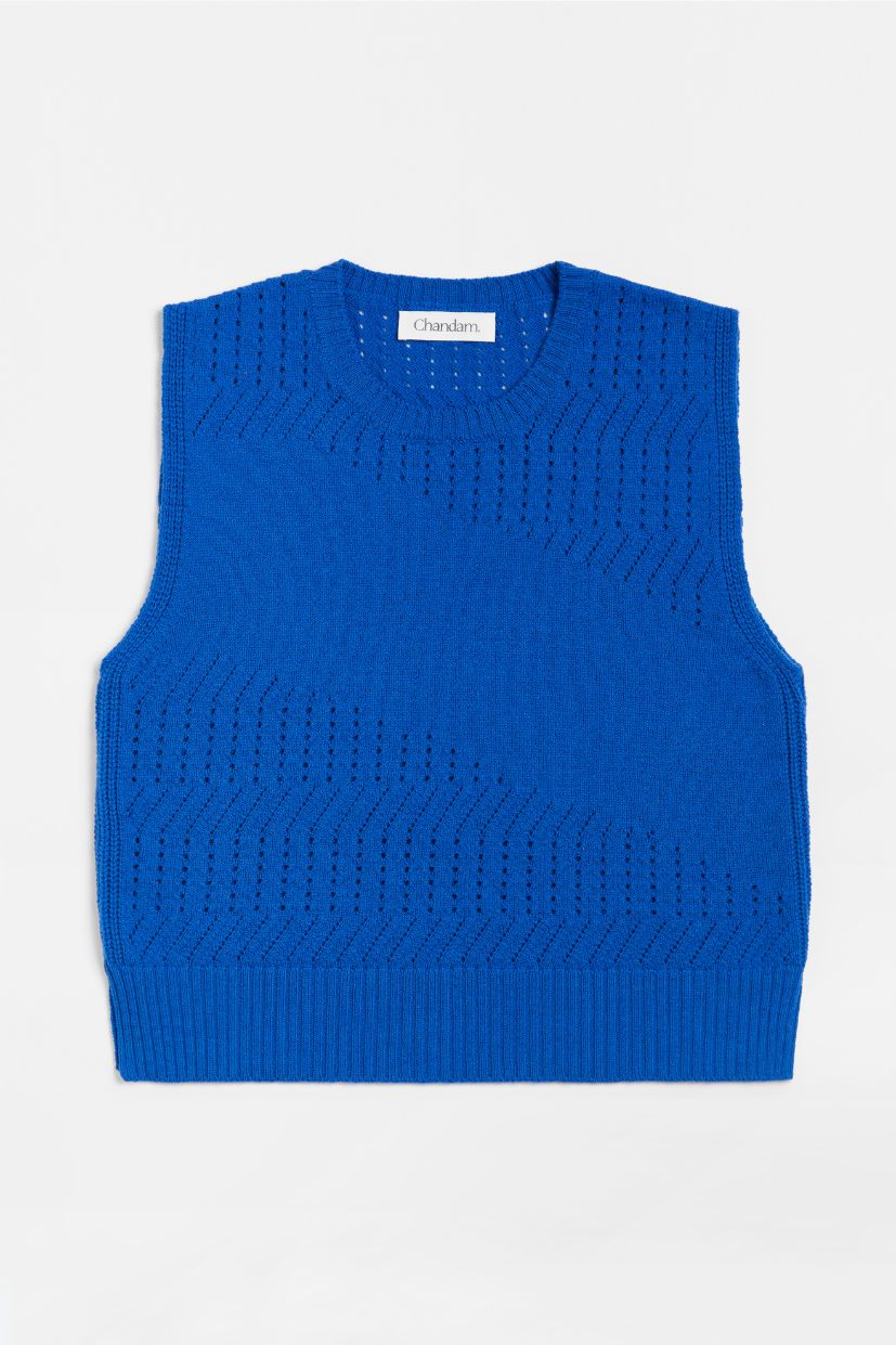 Pull femme bleu electrique 100% laine mérinos d'Arles. Sans Manche. Maille Ajourée.