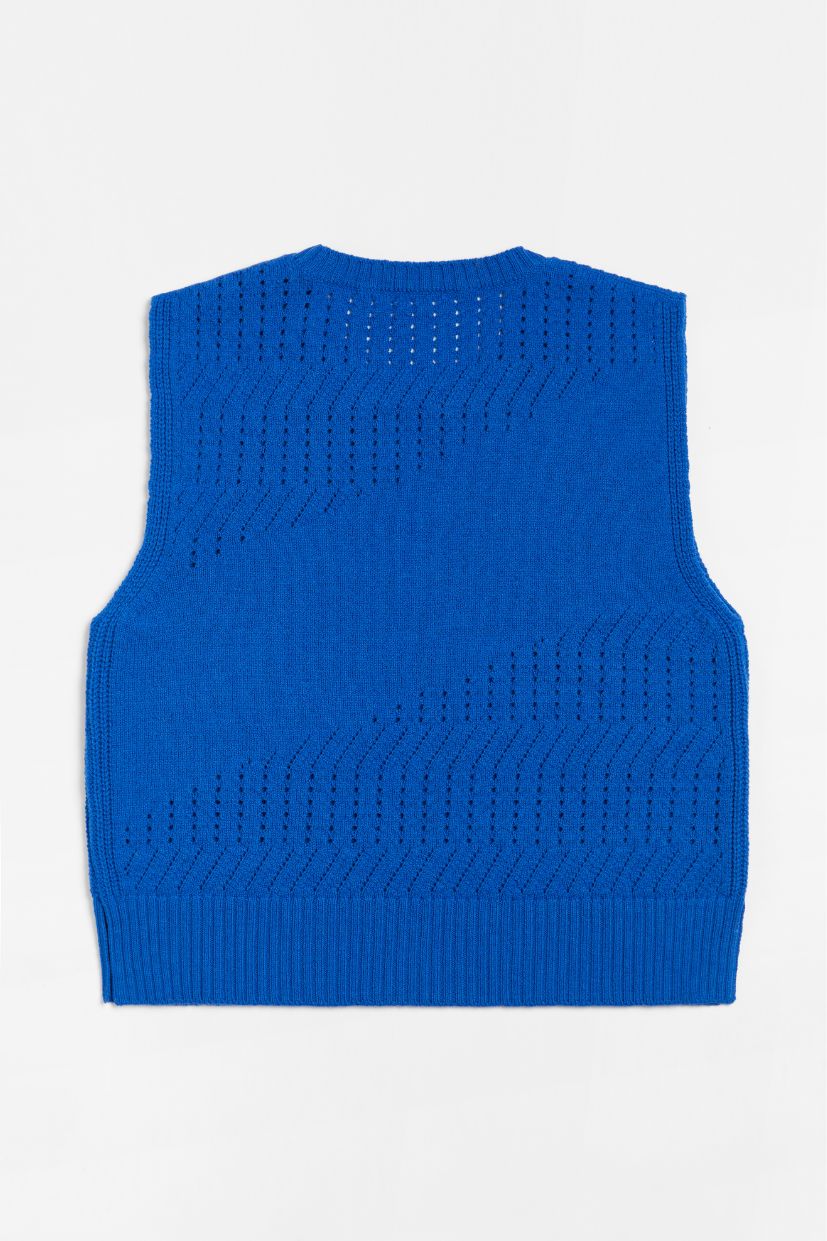 Pull femme bleu electrique 100% laine mérinos d'Arles. Sans Manche. Maille Ajourée.