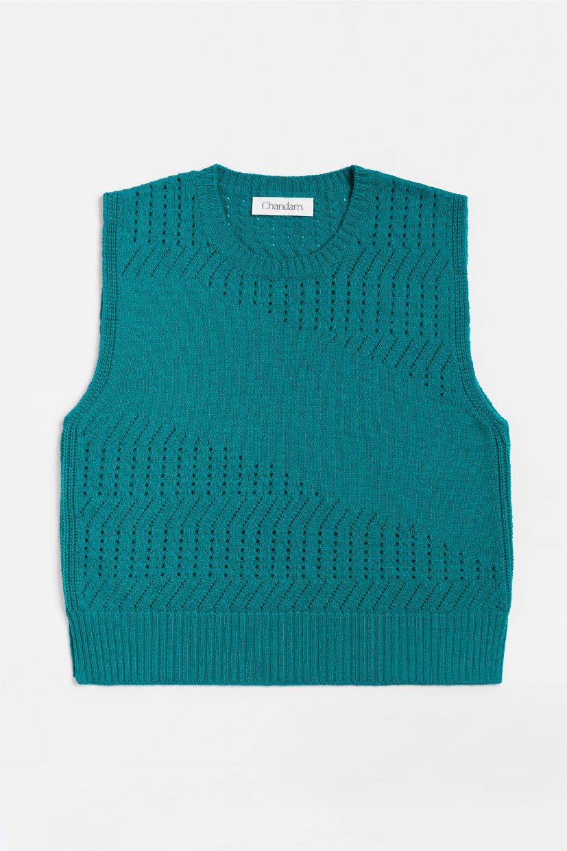 Pull vert emeraude 100% laine mérinos d'Arles. Sans manche. Maille Ajourée.