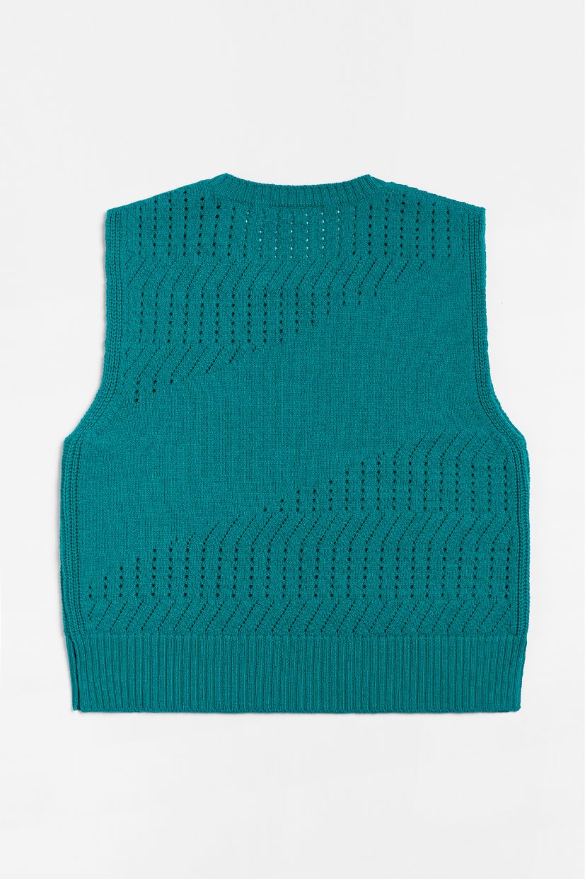 Pull vert emeraude 100% laine mérinos d'Arles. Sans manche. Maille Ajourée.