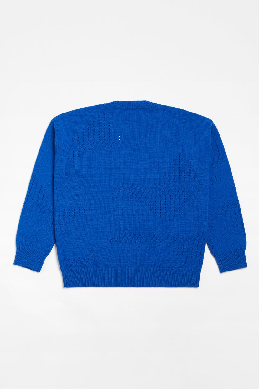 Pull bleu electrique 100% mérinos d'arles. Col V Femme. Mailles ajourée. Coloris Electricité.