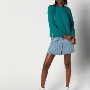 Pull femme laine mérinos vert à col rond jersey et jeu de côte