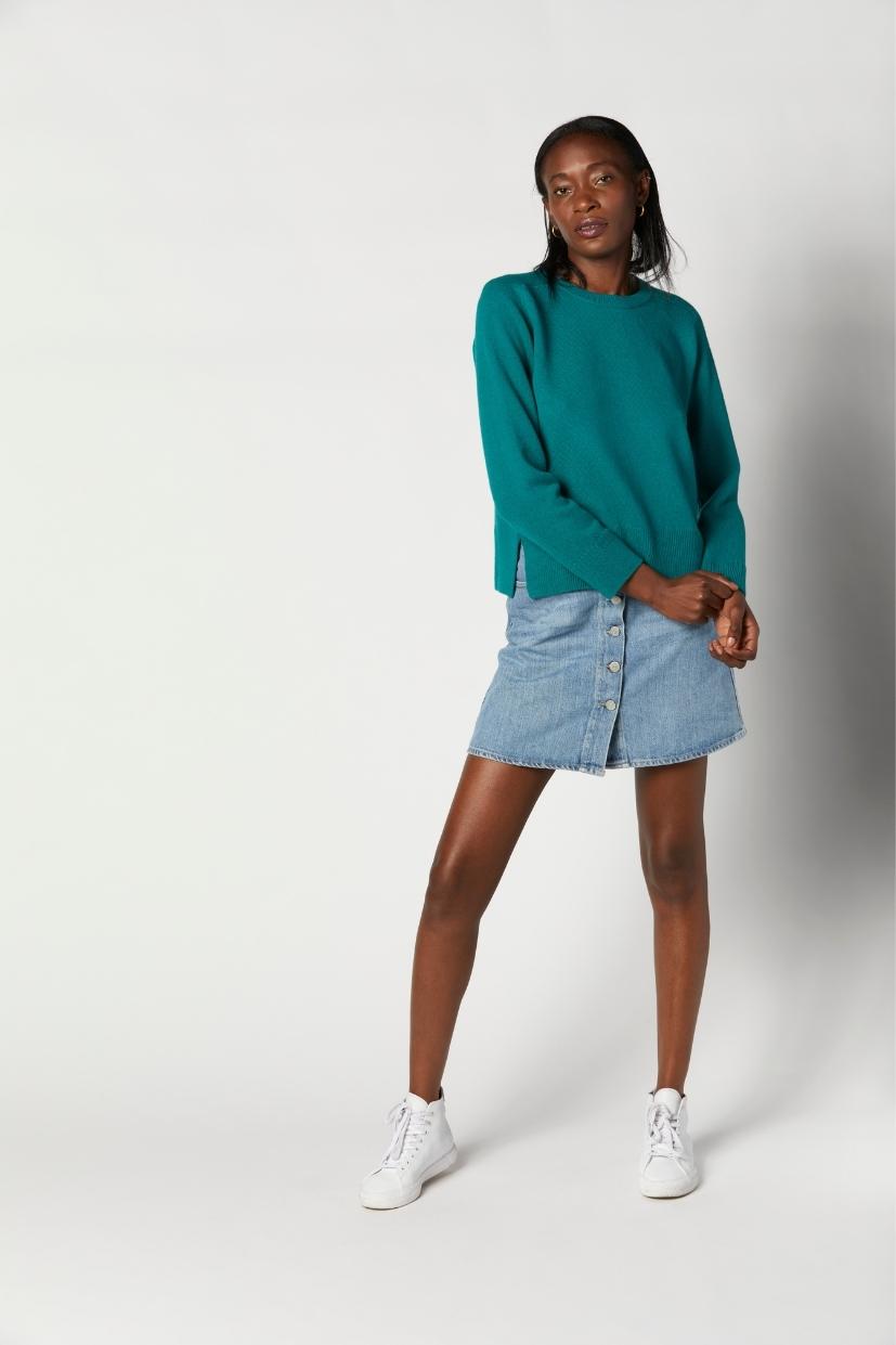 Pull femme laine mérinos vert à col rond jersey et jeu de côte