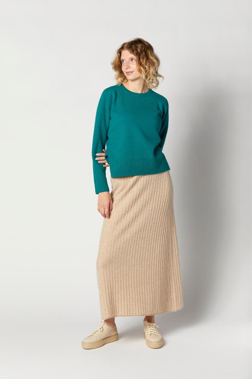 Pull femme laine mérinos vert à col rond jersey et jeu de côte