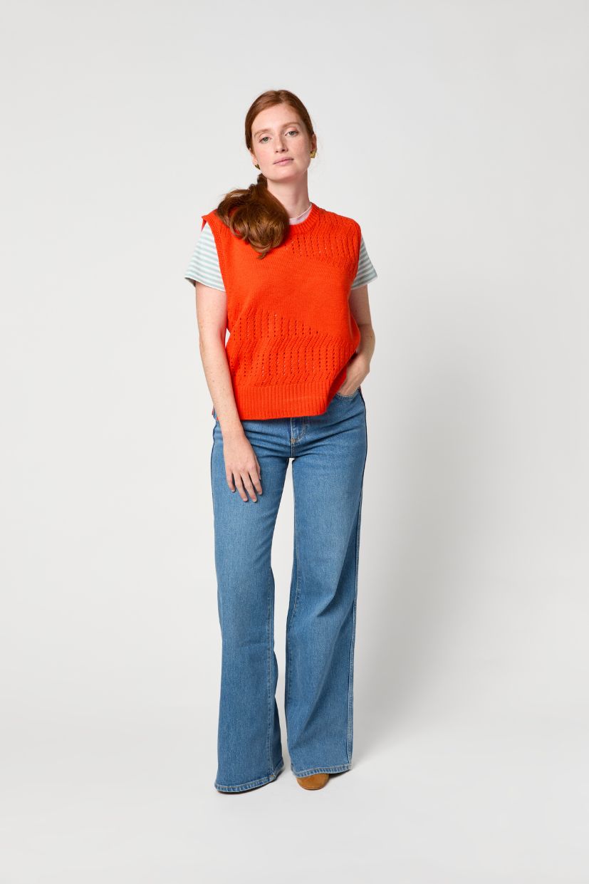 Pull Sans Manche laine merinos d'arles. Maille Ajourée.