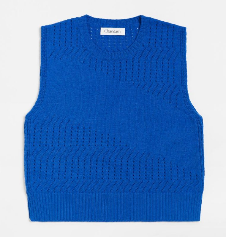 Pull femme bleu electrique 100% laine mérinos d'Arles. Sans Manche. Maille Ajourée.