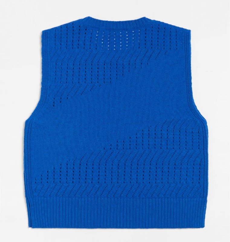 Pull femme bleu electrique 100% laine mérinos d'Arles. Sans Manche. Maille Ajourée.