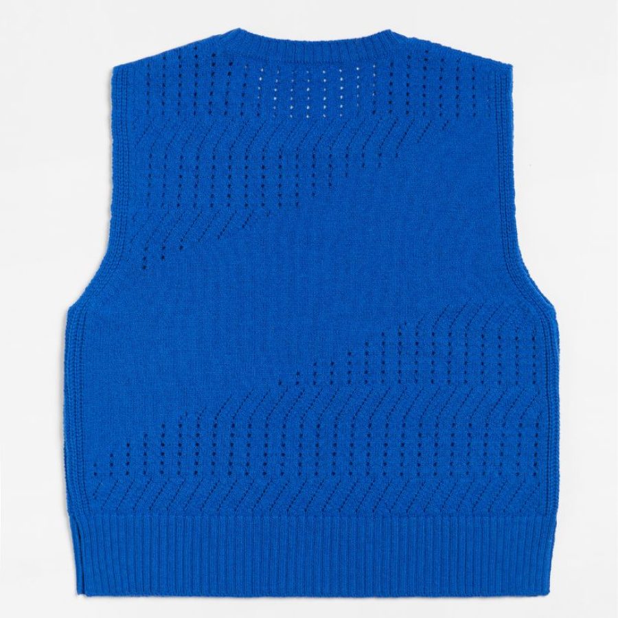 Pull femme bleu electrique 100% laine mérinos d'Arles. Sans Manche. Maille Ajourée.