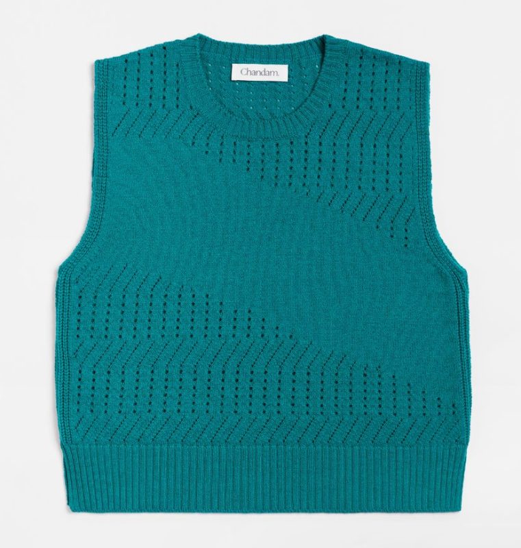 Pull vert emeraude 100% laine mérinos d'Arles. Sans manche. Maille Ajourée.