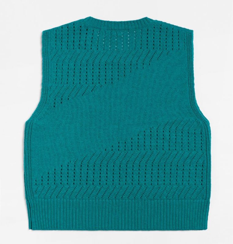 Pull vert emeraude 100% laine mérinos d'Arles. Sans manche. Maille Ajourée.