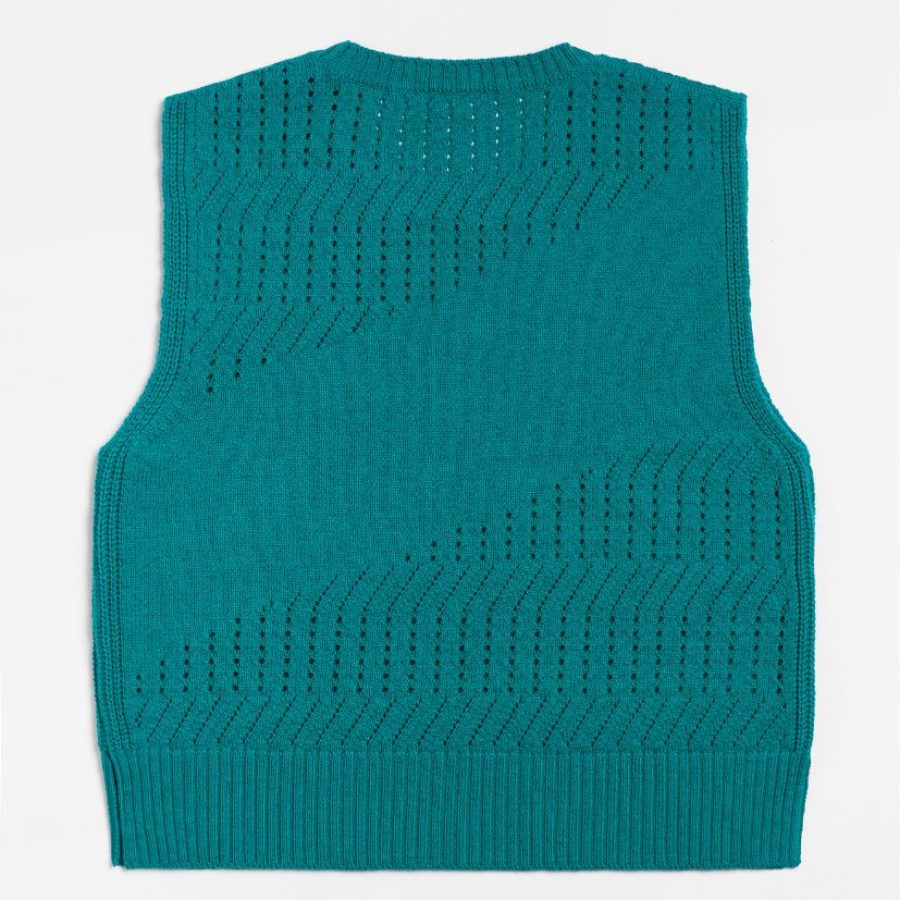 Pull vert emeraude 100% laine mérinos d'Arles. Sans manche. Maille Ajourée.